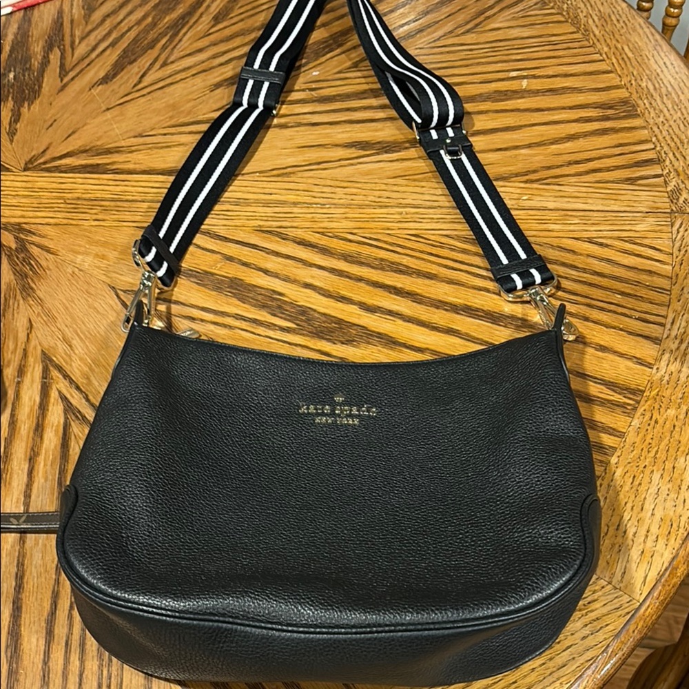 Kate Spade Black Hobo Shoulder Bag with Striped Strap